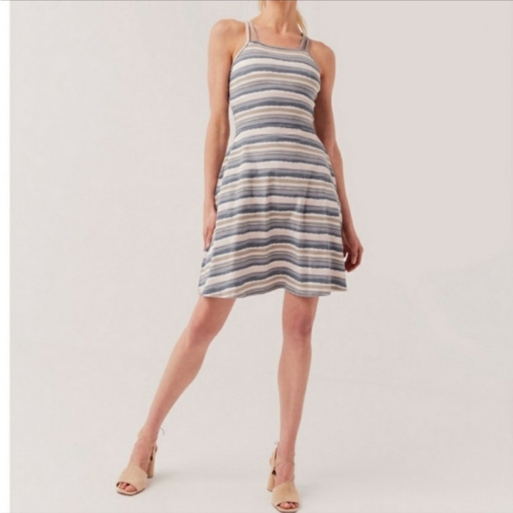 Pact Organic Cotton Striped Dress in Blue, Cream and Gray